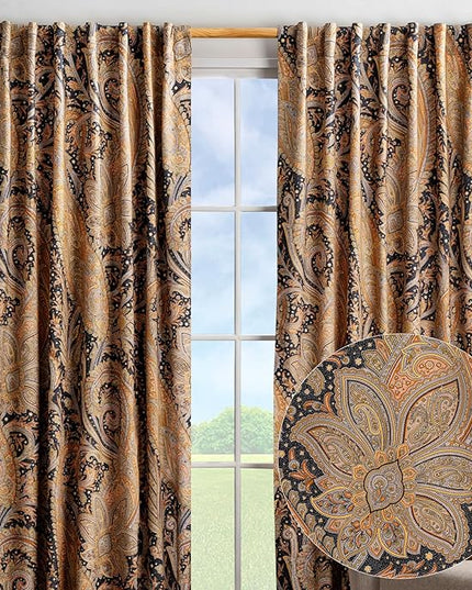 Maison d' Hermine Curtains for living room 100% Cotton 96 inch length Two Panels Light Filtering Curtains for Bedroom Windows with rod and loop Pockets Drapes (Kashmir Paisley Graphite, 50"W x 96"L)