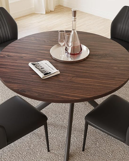 45.3'' Walnut Round Dining Table Set for 4, Mid Century Modern Small Coffee Set for Dining Room Kitchen Apartment (Dark Walnut Table + 4 Black Chairs)