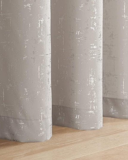 Taisier Home Silver Foil Print Linen Textured Curtains - Geometric Dots Pattern Design for Nursery, Toy Room - Thermal Insulated Window Treatment, 2 Panels, 45" L, Beige and Silver