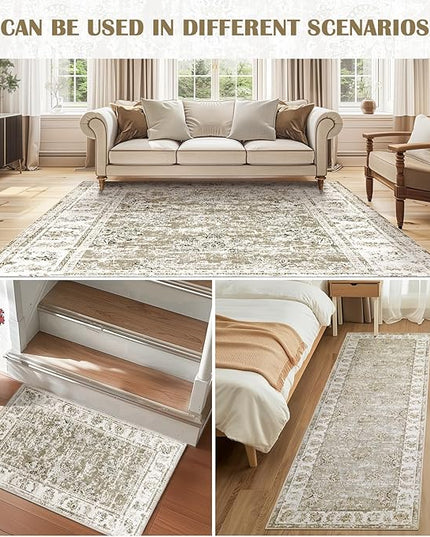 jinchan Fiora 4x6 Area Rugs for Bedroom - Machine Washable Distressed Vintage Floral Design Stain Resistant Boho Carpet Ultra-Thin Low Pile Non-Slip Rug for Living Room Dining Room (4‘x6', Taupe)