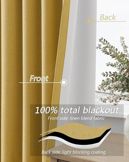 Guken Blackout Curtains 108 Inch Length 2 Panels Set for Living Room Bedroom Back Tab Thermal Insulated 100% Black Out Linen Drapes Room Darkening Window Curtains 108 Inches Long,Gold