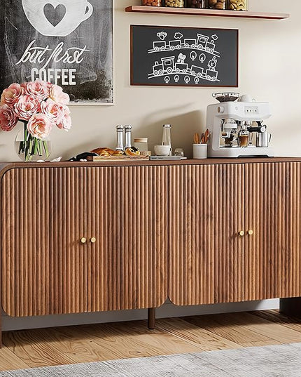 59” Large Buffets Sideboard Cabinet with Storage, Fluted Curved Credenza Buffet Table Storage Cabinet with 4 Doors, Modern Wood Accent Console Table Coffee Bar for Living Room Kitchen Hallway, Walnut
