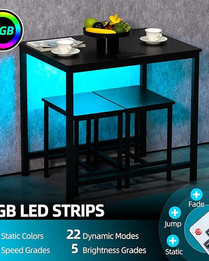 Finnhomy 3-Piece Dining Table Set, Small Kitchen Table with 2 Chairs, LED Light and USB Type-C Power Outlet, Space-Saving Design for Dining Room, Living Room, Apartment, Rustic Black
