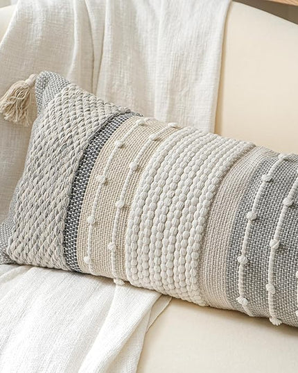 BlissBlush Gray Boho Lumbar Throw Pillow Cover 14x36 Grey Accent Long Body Lumbar Pillow for Bed Decorative Modern Bohemian Woven Textured Lumbar Pillow for Bed Cover ONLY