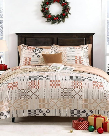 MaiRêve Plaid Twin XL Comforter Set, Farmhouse Bedding Sets for Boys Girls Teen 5 Pieces, Beige All Season Bed in A Bag for Dorm with Sheets, Pillowcase & Sham