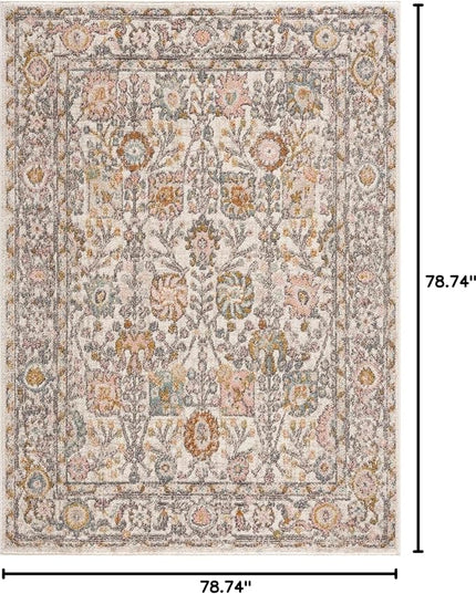 BoutiqueRugs Herstmonceux Boho Vintage Colorful Area Rug - Farmhouse Traditional Floral Rug for Living Room, Bedroom - Cream, Green, Sage, Red, Gray, Taupe, Coral - 6'7" Square