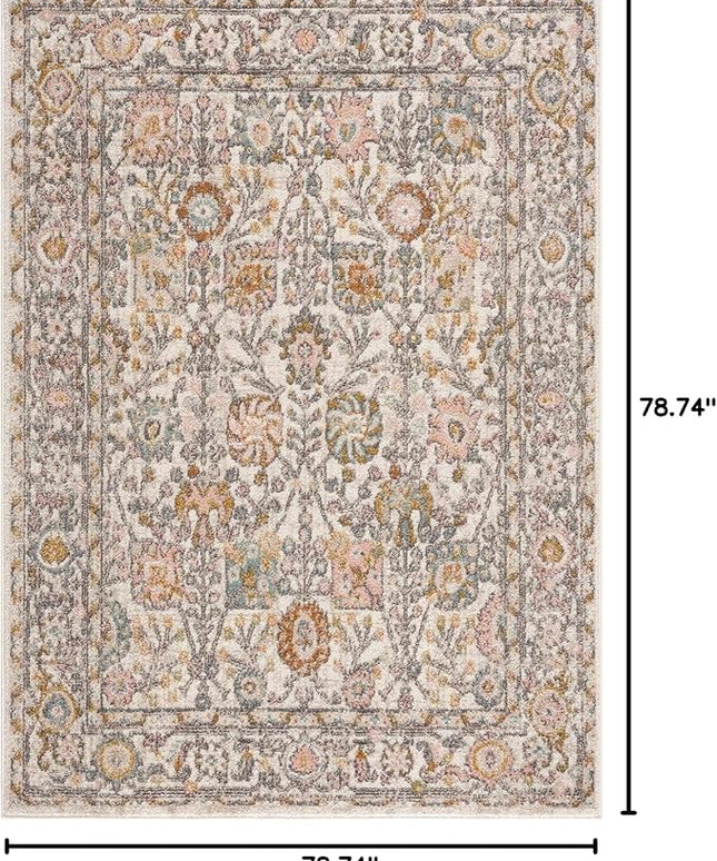 BoutiqueRugs Herstmonceux Boho Vintage Colorful Area Rug - Farmhouse Traditional Floral Rug for Living Room, Bedroom - Cream, Green, Sage, Red, Gray, Taupe, Coral - 6'7" Square
