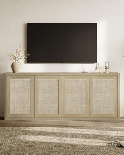 SICOTAS Rattan TV Stand for 65 70 inch TV - Large Entertainment Center TV Consoles for Living Room Bedroom, Farmhouse Television Stands with Storage Cabinet Boho Modular Media Console, Sand Oak