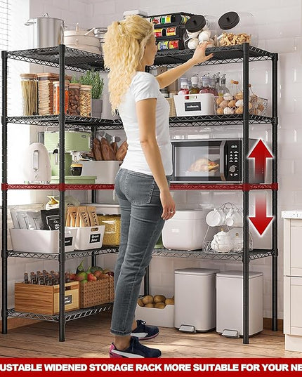 REIBII 5 Tier Wire Shelving Storage Shelves Loads 1430LBS, 58" W Metal Shelving Unit for Storage Adjustable Heavy Duty Garage Shelving Pantry Shelves Kitchen Shelving, Black, 2 Pack