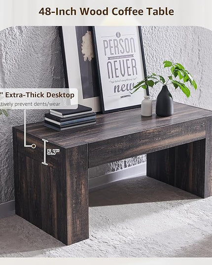 OKD 48" Modern Farmhouse Coffee Table, Wooden Living Room Table with Hidden Storage Drawer, Rustic Rectangular Center Tables w/Wood Thick Design for Living Room, Office, Dark Rustic Oak