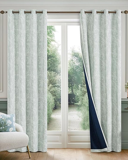 FMFUNCTEX Sage Green Floral Jacquard Blackout Curtains 84 Inches Long for Bedroom, Scroll Flower Chenille Farmhouse Curtain for Living Room Darkening Thermal Insulated Grommet Window Drapes 2 Panels