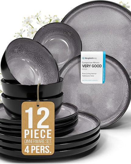 Stoneware dinnerware set 4 persons 12 pcs - Dishwasher, microwave and scratch resistant - Bowl and plate set 4 persons modern - Dinner service Pure Living black in gray…