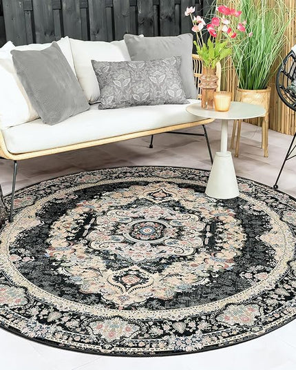 Black Round Rug 6ft,Large Circle Area Rugs for Bedroom Living Room Dining Room,Washable Boho Vintage Bohemian Distressed Oriental Carpet Non Slip,Floral
