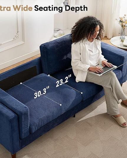 Tbfit 85" Corduroy Couch for Living Room, 3 Seater Mid Century Modern Sofa with Spring Cusions & Extra Deep Seat for Bedroom, Small Comfy Upholstered Couches Easy Assembly with Solid Wood Legs, Blue
