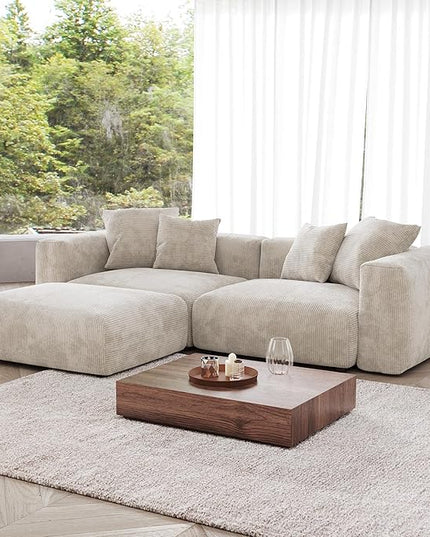 JACH Corduroy Modular Sectional Couch, Oversized Sectional Sofa with Chaise Ottoman, Cushion Covers Removable, Modern Deep 2-Seat Couches for Living Room, Office (Beige)