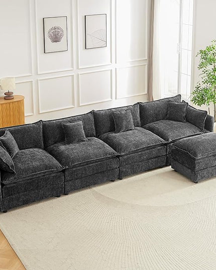 Modular Sectional Sofa, 147.2 Inch L Shaped Couch Set with Armrests, 4-Seater Comfy Cloud Couches with Movable Ottoman for Living Room Apartment, Grey