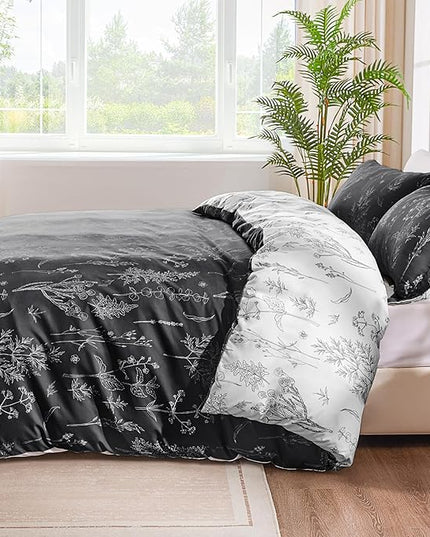 Love's cabin Black Full Size Comforter Set - Full Comforter Set, 3 Pieces Cute Floral Bedding Sets for All Seasons,1 Soft Reversible Botanical Flowers Comforter and 2 Pillow Shams