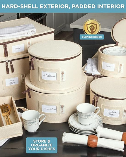 Hard Shell China Storage Containers 8-Piece Set Moving Boxes for Dinnerware, Glasses, Plates, Mugs and Saucers Sturdy Dish Organizer with Dividers for Seasonal Storage - Service for 12 - Beige