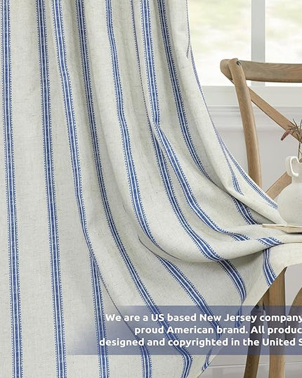 DriftAway Farmhouse Linen Blend Blackout Curtains 84 Inches Long for Bedroom Vertical Striped Printed Linen Curtains Thermal Insulated Lined Treatments for Living Room 2 Panels W52 x L84 Linen Navy