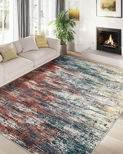 Modern Abstract Living Room Rug 8x10, Washable Area Rugs for Bedroom, Stain Resistant Non Slip Large Rug, Soft Indoor Carpet for Dining Room Table Home Decor, Red/Multi