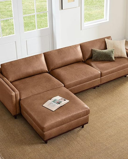CHITA 118" Super Large Luxury L Shape Convertible Sectional Modular Sofa, FSC Certified Down Filled Modern Sofa with Ottoman, Deep Seat Cloud Couch, 4 Seat Couch, Solid Wood Leg, Faux Leather in Camel