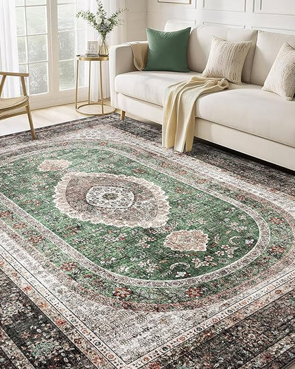 5x7 Area Rugs Washable,Green Rug for Living Room Bedroom Kitchen,Large Boho Vintage Bohemian Distressed Oriental Carpet Non Slip