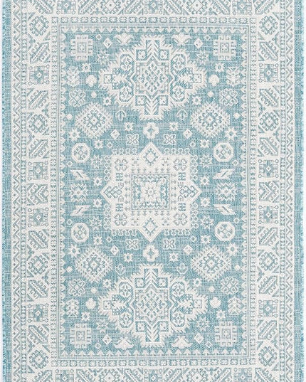 Rugs.com Outdoor Aztec Collection Rug – 4' x 6' Aqua Flatweave Rug Perfect for Living Rooms, Large Dining Rooms, Open Floorplans