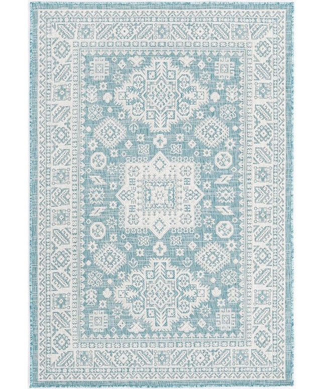 Rugs.com Outdoor Aztec Collection Rug – 4' x 6' Aqua Flatweave Rug Perfect for Living Rooms, Large Dining Rooms, Open Floorplans