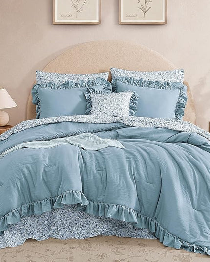 King Comforter Set - 7 Pieces Ruffle Blue Bedding Sets, Shabby Chic Farmhouse Bed in a Bag King with Ruffle Comforter, Floral Sheets, Pillowcases & Shams