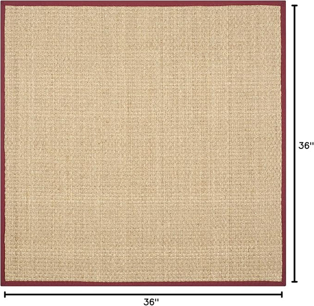 Safavieh Area Rug 3' Square - Natural Fiber Collection - Natural & Red, Seagrass, Basketweave Pattern with Border (NF114D)