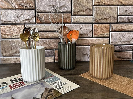 Stoneware Coffee Bar Utensil Holder Tea & Coffee Spoon & Stirrer Holder for Stir Stick Straw Teaspoon Holder Spoon Cup Small Utensil Jar Fluted Vertical Stripe (Rustic Brown)