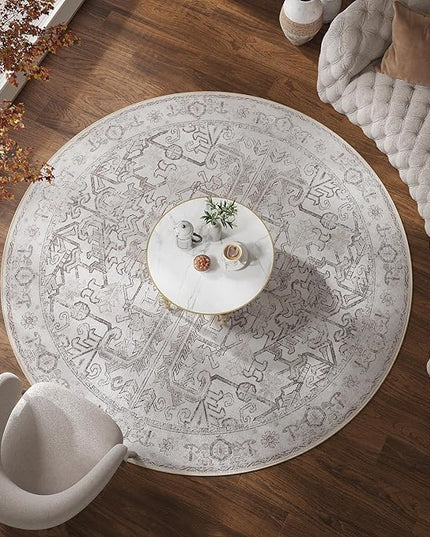 jinchan Lima Round Rug 8ft Vintage Machine Washable Area Rug Indoor Circle 8' Ultra-Thin Non-Slip Floral Print Carpet for Farmhouse Entryway Dining Room Living Room Bedroom Office (8'Round, Taupe)