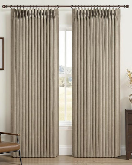 Blackout Pinch Pleated Living Room Curtains 84 Inches Long 2 Panels Set, Memory Trained Oak Taupe Dual Layer Thick Linen Thermal Sound Dampening Neutral Windows Drapes for Dining Room 7 FT Length