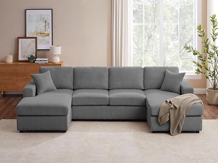 VANOMi 118'' U Shaped Sectional Sofa Couch, Corduroy Fabric Modern Cozy Jumbo Size 4-Seater Living Room Couch, Double Chaise Longue, Dark Grey