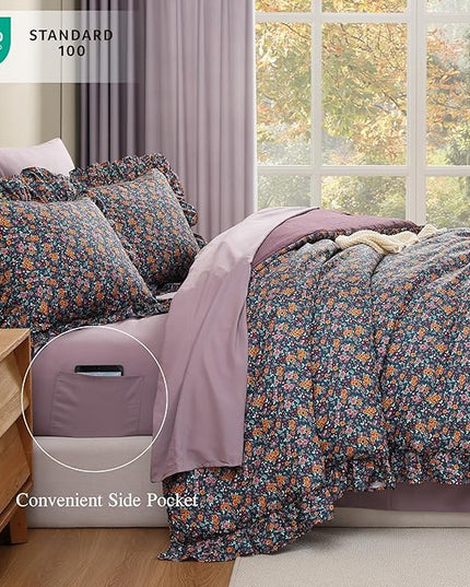 Queen Comforter Set - 7 Pieces Ruffle Deep Forest Bedding Sets, Shabby Chic Farmhouse Bed in a Bag with Ruffle Comforter, Sheets, Pillowcases & Shams