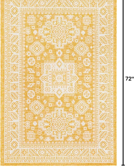 Rugs.com Outdoor Aztec Collection Rug – 4' x 6' Yellow Flatweave Rug Perfect for Living Rooms, Large Dining Rooms, Open Floorplans