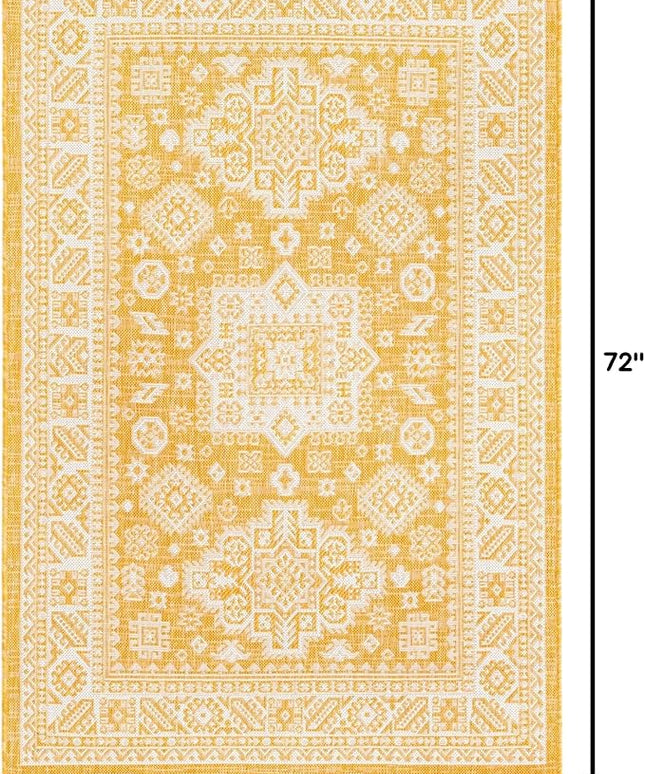 Rugs.com Outdoor Aztec Collection Rug – 4' x 6' Yellow Flatweave Rug Perfect for Living Rooms, Large Dining Rooms, Open Floorplans
