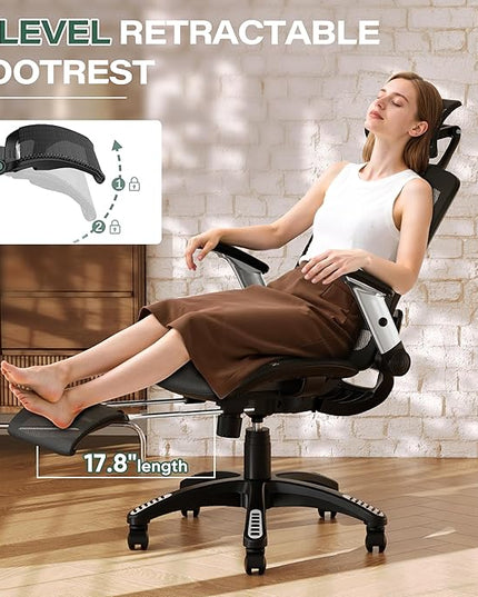 GABRYLLY Ergonomic Office Chair with Footrest, High Back Home Desk Chair - 3D Headrest, Flip-Up Arms, 135° Tilt and Wide Cushion, Heavy Duty Mesh Chairs for Task Computer Gaming,GYB01-FT