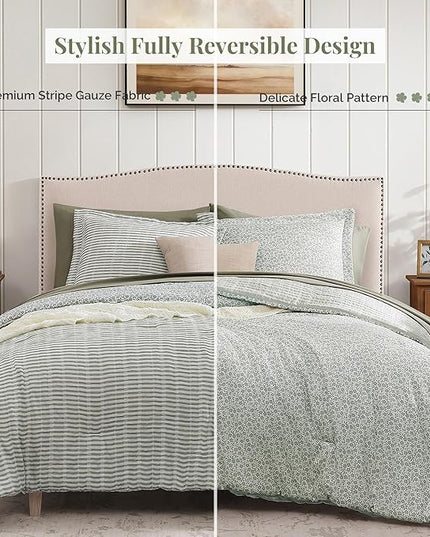 King Comforter Set - 7 Pieces Green Gauze Muslin Bedding Sets for All Seasons, Lightweight Breathable Bed in a Bag King with Revesible Farmhouse Comforter, Sheets, Pillowcases & Shams