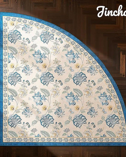 jinchan Elora Floral Corner Rug for Living Room Washable Bedroom Rug Vintage Romance Design Non Slip Quarter Circle Lightweight Low-Pile Throw Carpet for Reading Nook Playroom, 8ft Radius, Blue/Beige