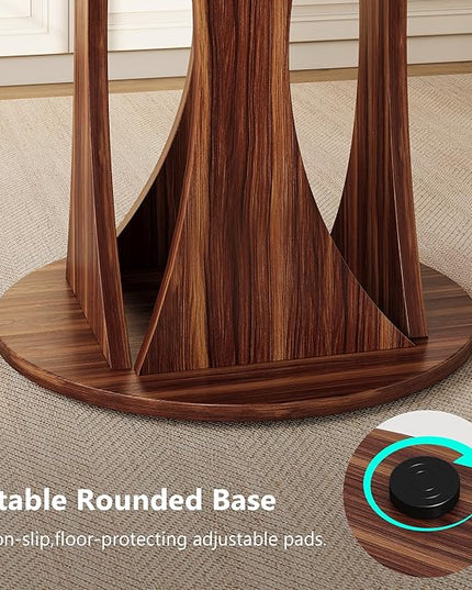 Round Dining Table for 4-6, Kitchen Table with Sturdy Double Arc & Rounded Base & Backboard Clasp Desktop, Mid-Century Modern Circle Dinner Table for Dining Living Room, Space Saving, Walnut