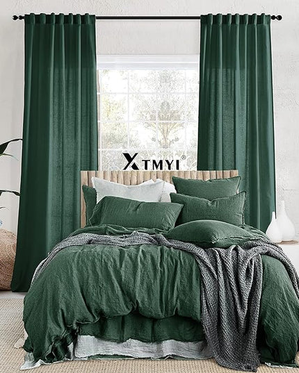 XTMYI Emerald Dark Green Curtains for Living Room 84 Inches Long 2 Panels Set Linen Rod Pocket Back Tab Hooks Pleated Hunter Green Vintage Retro Curtains for Bedroom Decor Dining Room