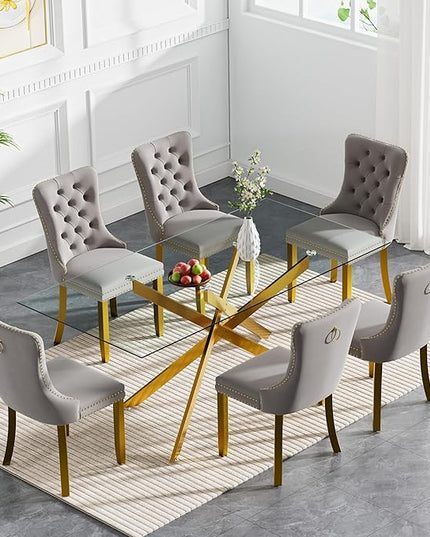 Modern 7-Piece Glass Dining Table Set for 6, Modern 60" Rectangle Gold Glass Dining Room Table Set with Light Grey Velvet Tufted Chairs Wood Legs for Kitchen Dining Room