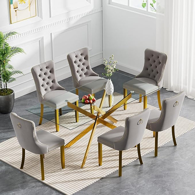 Modern 7-Piece Glass Dining Table Set for 6, Modern 60" Rectangle Gold Glass Dining Room Table Set with Light Grey Velvet Tufted Chairs Wood Legs for Kitchen Dining Room