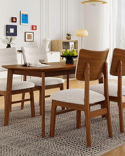 5-Piece Wooden Dining Set Mid-Century Modern Dinner Table and 4 Upholstered Chairs Rectangular Table with Chairs Set Rubberwood Legs Linen Padded Seat & Backrest for Dining Room Kitchen Apartment