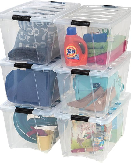 IRIS USA 54 Qt Stackable Plastic Storage Bins with Lids, 6 Pack - BPA-Free, Made in USA - See-Through Organizing Solution, Latches, Durable Nestable Containers, Secure Pull Handle - Clear