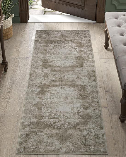 jinchan Vintage Floral Runner Rug 2x5 - Machine Washable Distressed Design Non-Slip Low-Pile Soft Thin Carpet for Hallway Kitchen Farmhouse Bedroom Entryway Laundry Room (2x5ft, Brown)