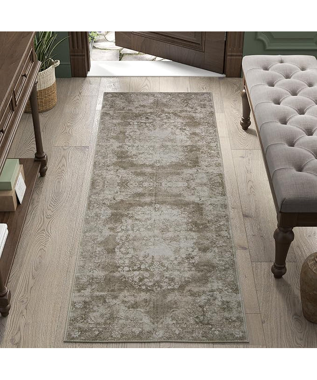 jinchan Vintage Floral Runner Rug 2x5 - Machine Washable Distressed Design Non-Slip Low-Pile Soft Thin Carpet for Hallway Kitchen Farmhouse Bedroom Entryway Laundry Room (2x5ft, Brown)