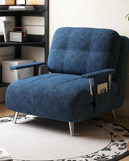 5-in-1 Blue Single Convertible Sofa Bed, Sleeper Sofa Chair with Armrest Storage Pocket, Mid-Century Modern Living Room Chairs Style