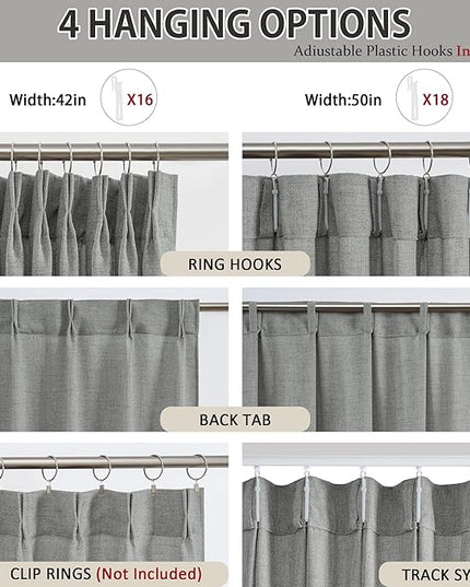 RAIN CITY Grey Linen Curtains 63 Inches Long Pinch Pleated with Hooks 2 Panels, Semi Sheer Textured Light Filtering Window Drapes for Bedroom Back Tab 42x63-in